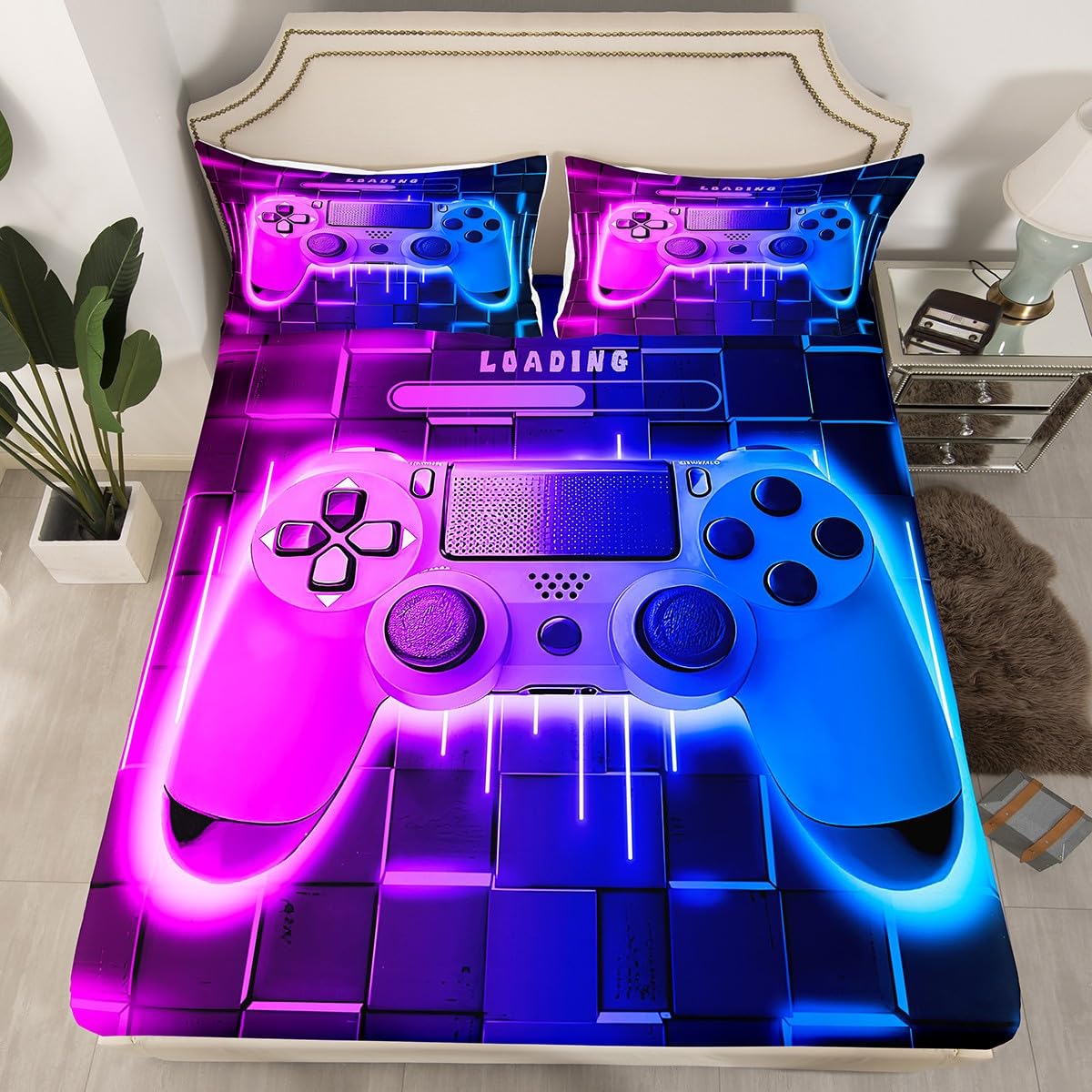 Homewish Blue Purple Gaming Fitted Sheet Gamer Bed Sheets King,Neon Lights Abstract Sheets Gamer Room Decor for Boys