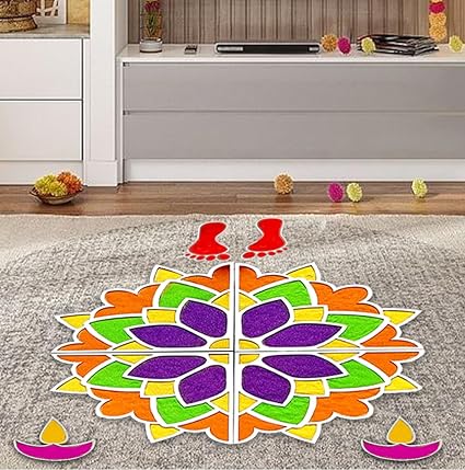 Solobolo Layered Rangoli Mat|4 Pc Flower Rangoli Mats with 2 Diwali Diya and 1 Laxmi Feet for Decoration with 6 Rangoli Powder Colours| Lotus Decoration Items|Diwali Decoration Item |Size-18IN