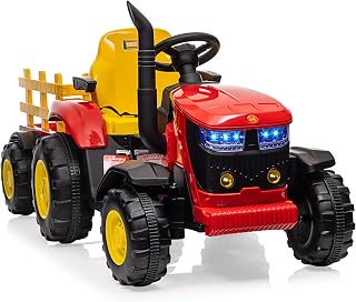 Electric Kids Ride-On Tractor with Trailer, 12V Battery Powered Vehicle Toy, Remote Control, Music, Startup Sound USB, LED Lights, Red