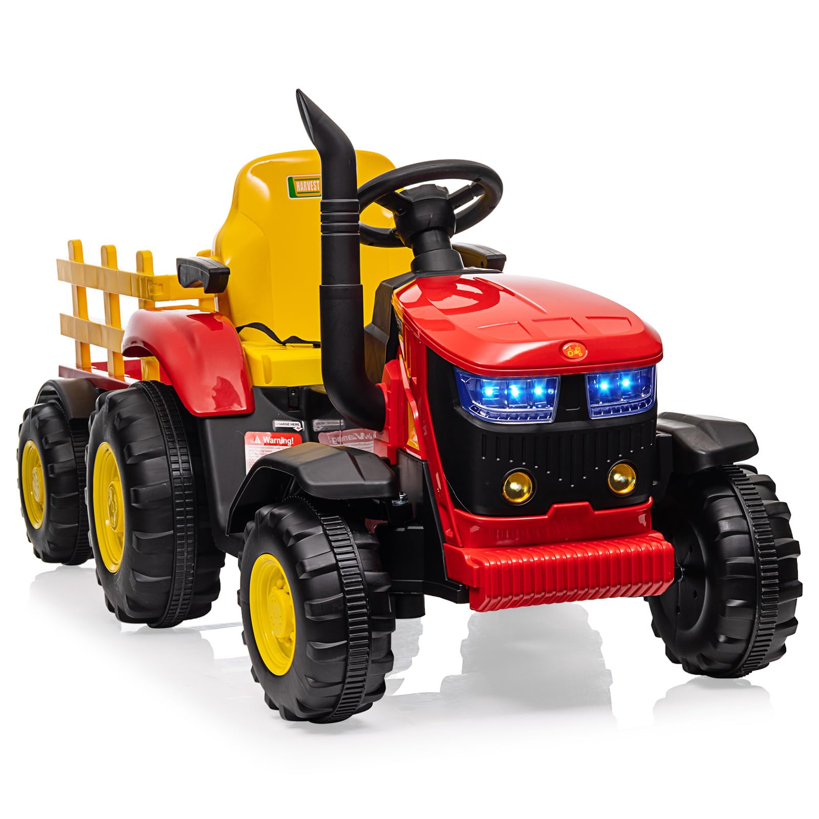 Garvee Electric Ride on Tractor with Detachable Trailer, 12V Ride on Tractor with Remote Control, LED Lights, Horn, Music & USB for Ages 3+, Red