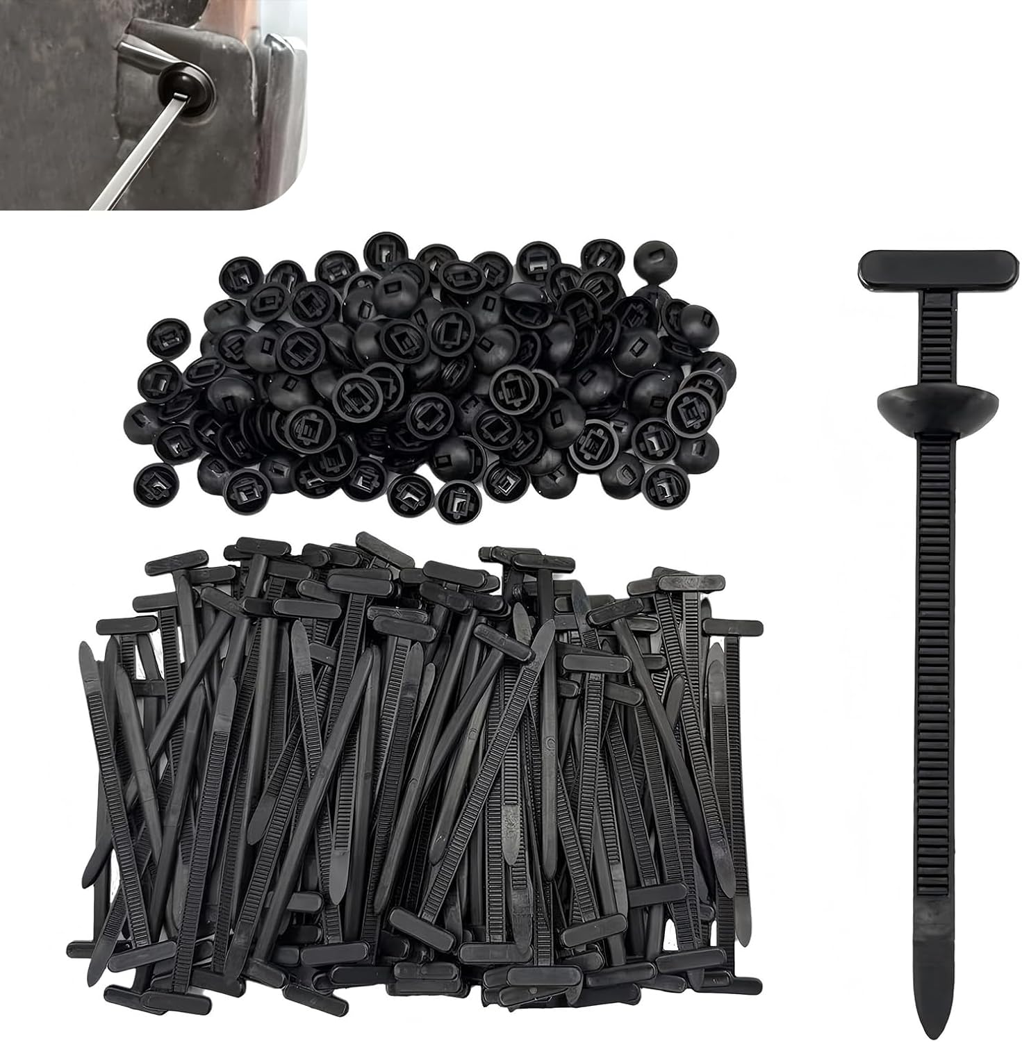 100 PCS Nylon Universal Cable Tie Buckle, Heavy Duty Self-Locking Zip Ties Holder with Pin & Button Design, Heat-resistant & Anti-aging Plastic Zip Ties, for Most Cars, SUVs, Trucks (Black)