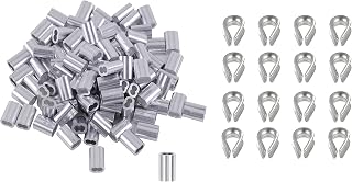 Eowpower 100 Pieces 1/8 inch Wire Rope Aluminum Sleeves Cable Crimps and 16 Pcs M3 Stainless Steel Thimbles
