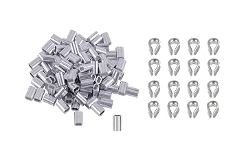 100Pcs 1/8" Aluminum Crimping Loop Sleeves and 16Pcs Steel Thimbles | for 1/8 inch Wire Rope Cable Line Line End
