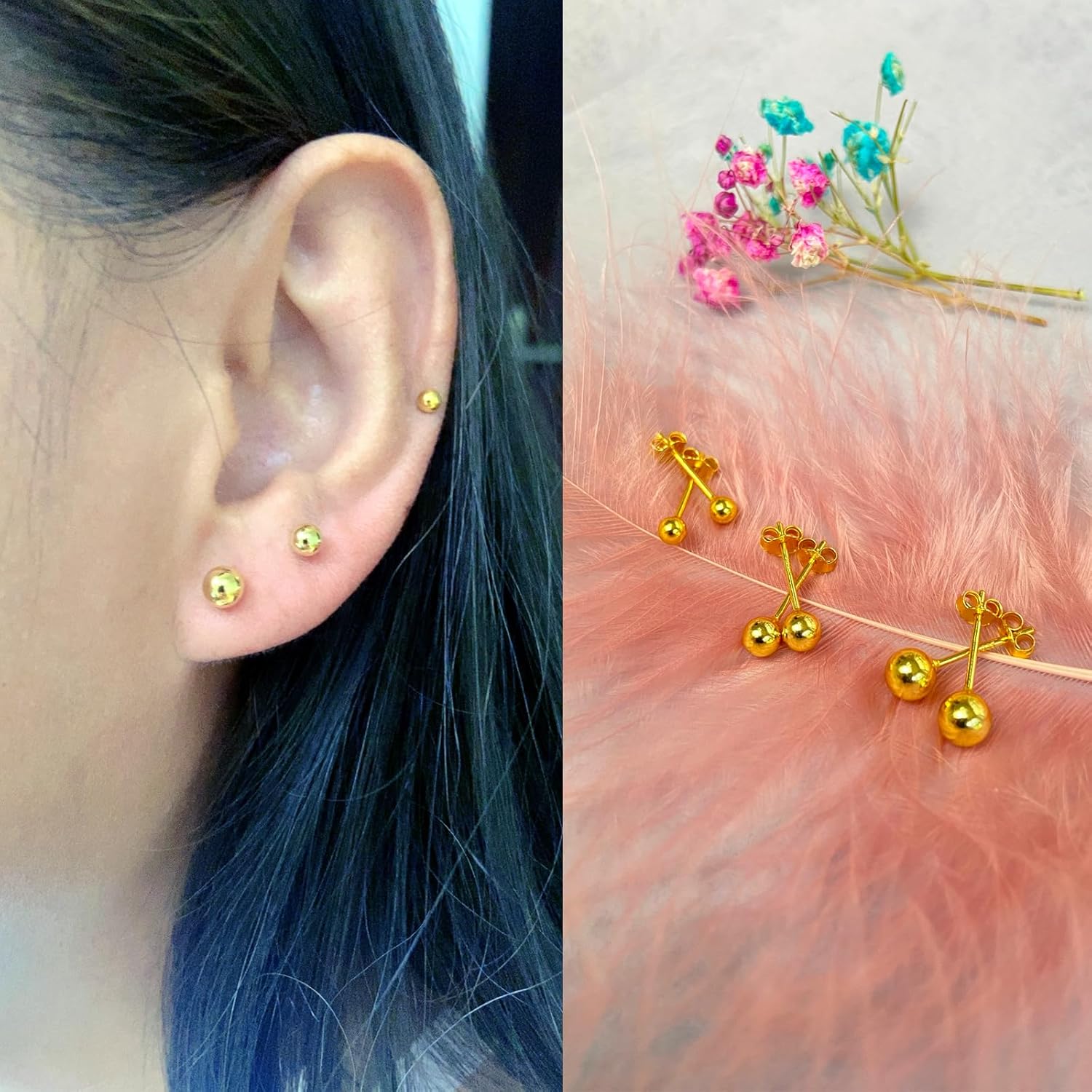 Gold Ball Earrings for Women 925 Sterling Silver Gold Stud Earrings Set, Sizes 3-5MM, 3 Pack - Image 3