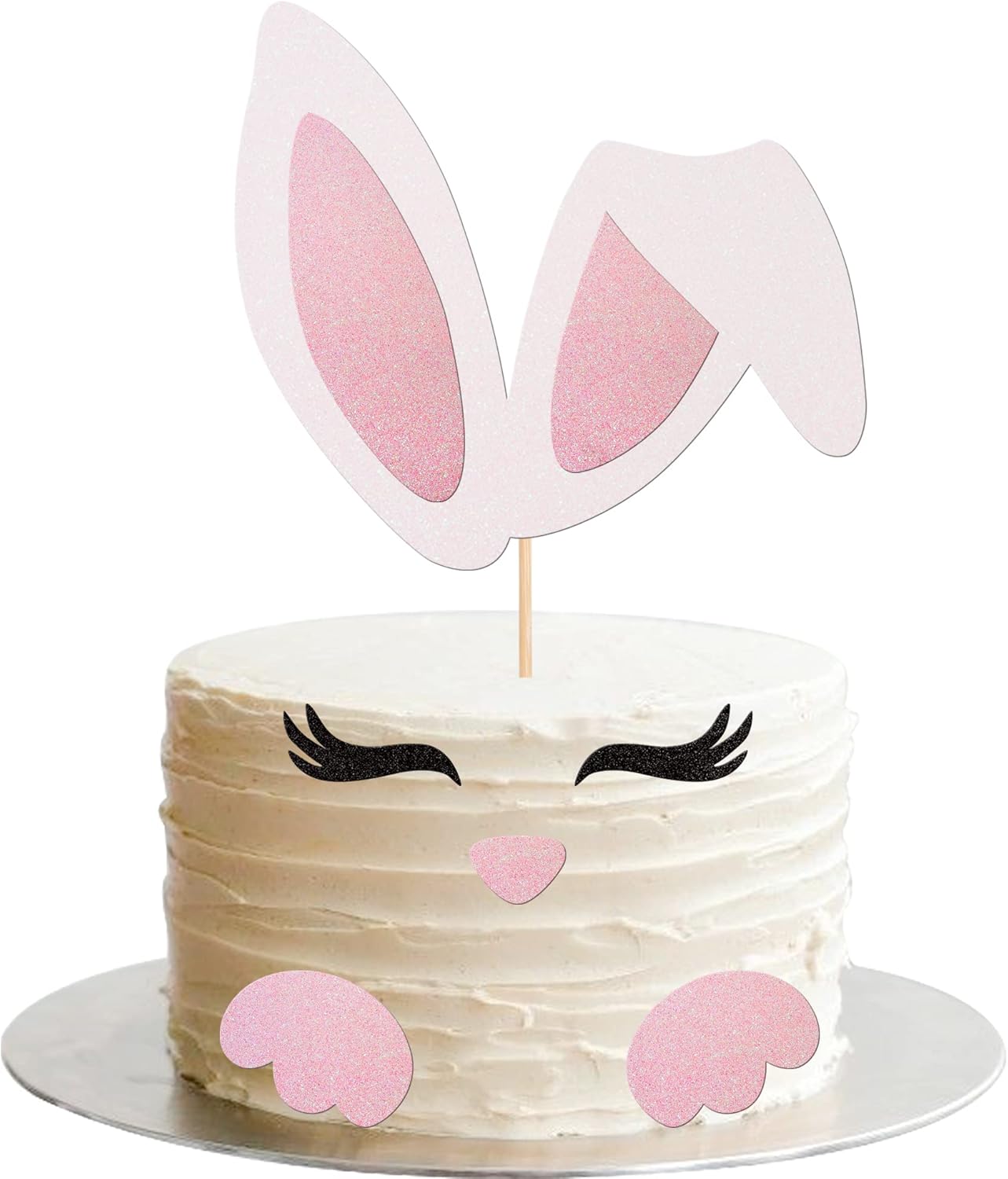 ZHUOWEISM Easter Bunny Ears Cake Topper Decorations with Glitter Eyelashes Nose Paw for Easter, Baby Shower, Birthday Parties - Pastel Pink, White