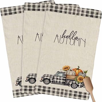 Autumn Pumpkin Sunflower Truck on Linen Kitchen Towels 3 Pack,Microfiber Dish Towel Set Black Buffalo Plaid Soft Highly Absorbent Tea Hand Towel Quick-Drying Cleaning Towels Dish Cloths
