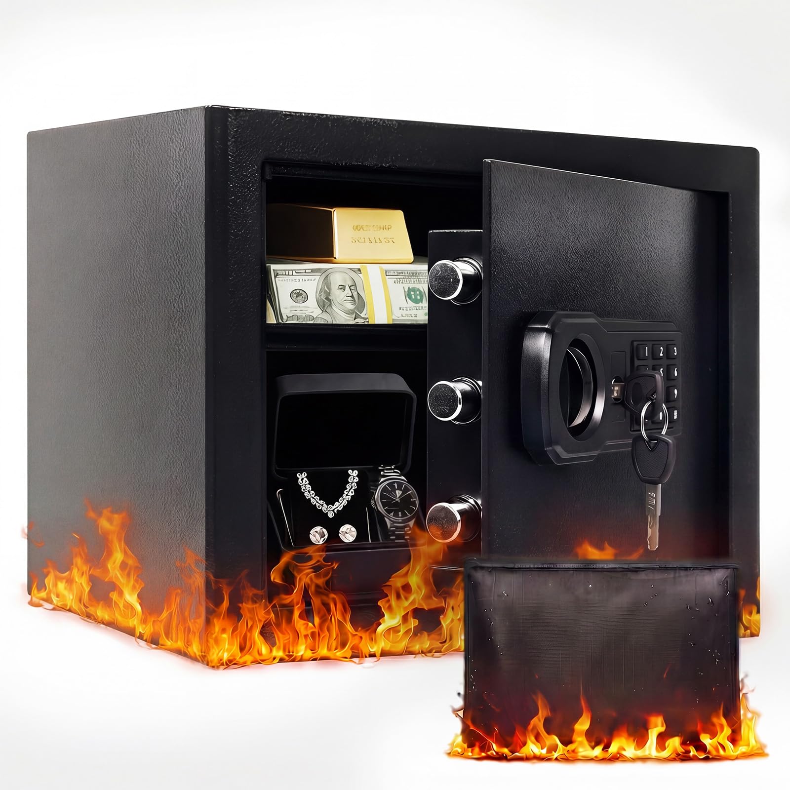 Levede 31L Fireproof Safe Box – Digital Keypad Home Safe With Keys, Money Safe Lock Box With A4 Fireproof Bag For Cash & Jewellery Storage