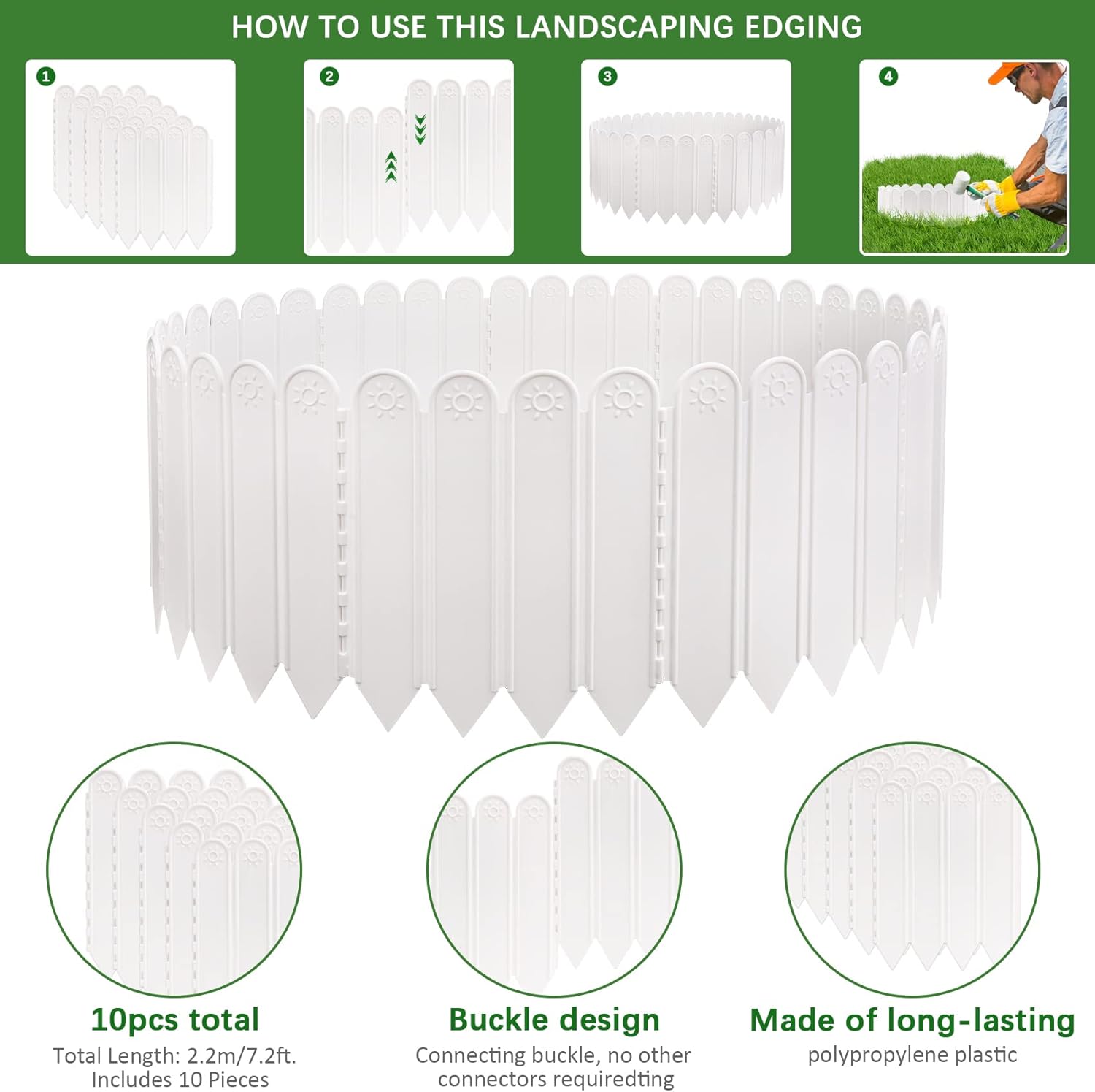 10.6" H White Garden Edging Borders, 10Pcs Plastic Garden Landscape Edging, 7.2Ft Interlocking Decorative Garden Fences Edging, Lawn Edge Flower Bed Border for DIY Patio Walkways Yard
