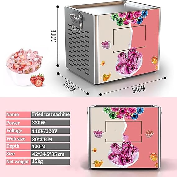Commercial Fried Ice Cream Roll Machine, Stainless Steel Stir Fry Ice Cream Roller Maker with 30x24cm Single Square Pan, Yogurt Cream Machine for Bar, Cafe, Dessert Shop