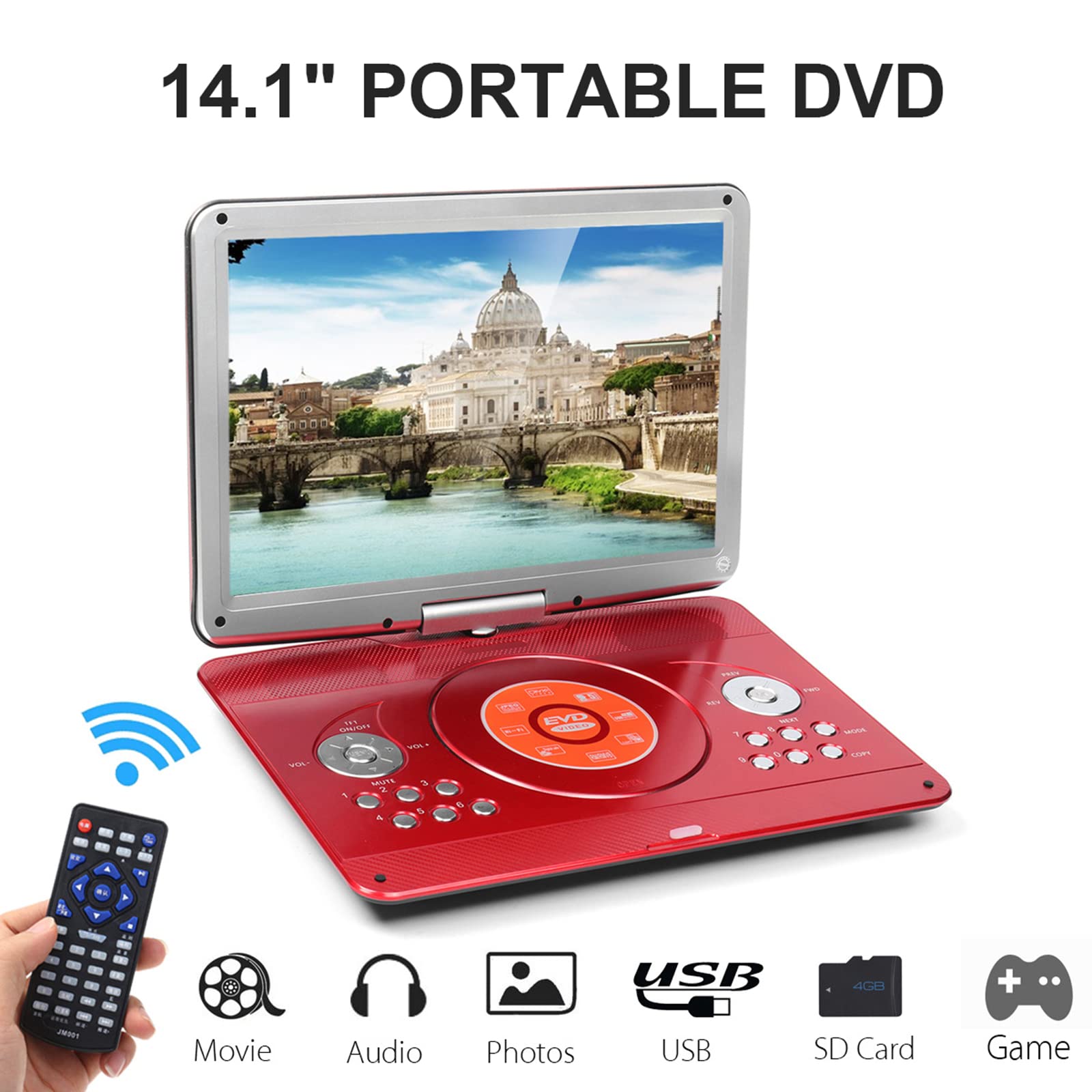 Lecteur DVD 3D Portable - Écran 14,1" avec 1280X800 Pixels - Batterie intégrée - Entrée USB - AV-entrée Sortie