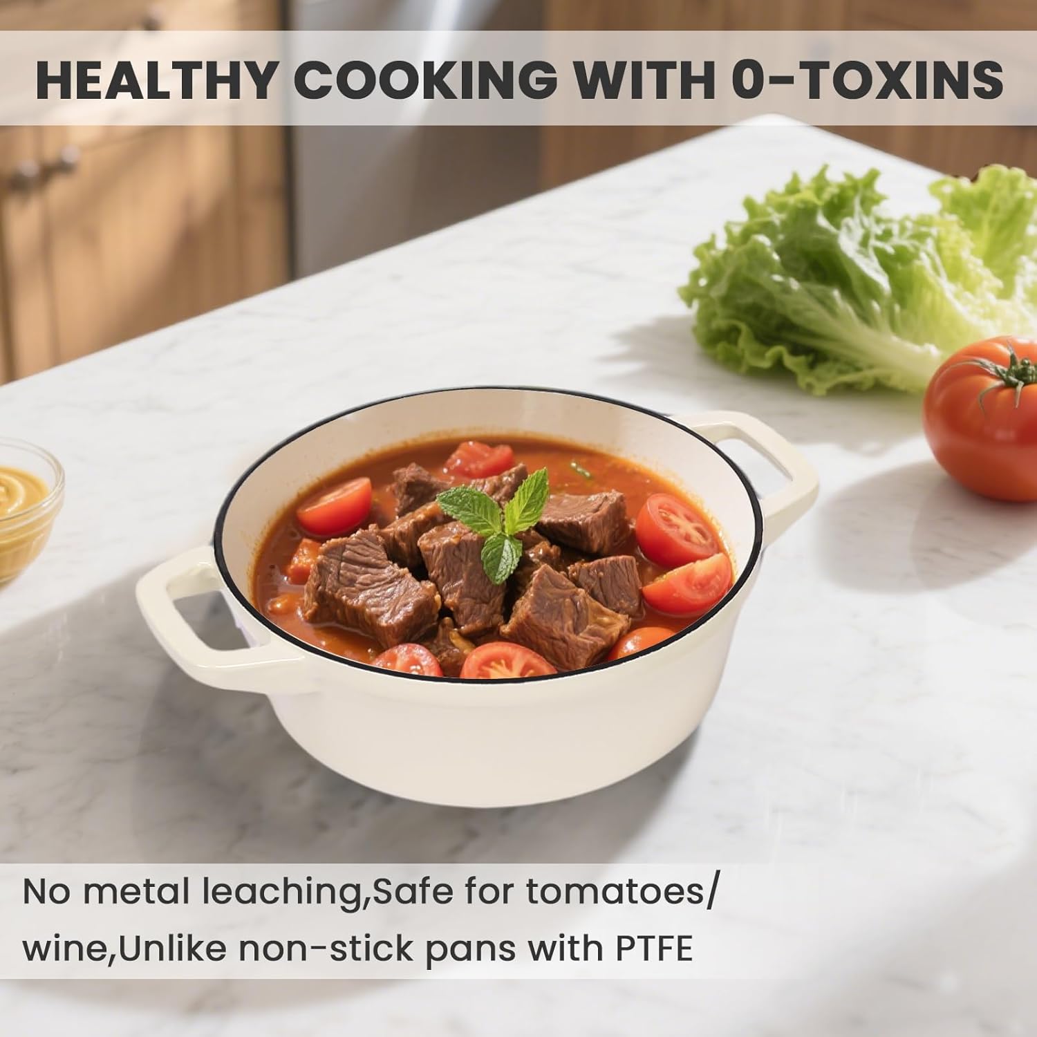 Hisencn Stackable Enamel Cookware Set, 5-Piece – 5.2QT Pot with Lid, 10-in Skillet, 4QT Frying Pan with Universal Glass Lid, Space-Saving Design, Oven and Stovetop Safe (Up to 500°F), Cream White - Image 6