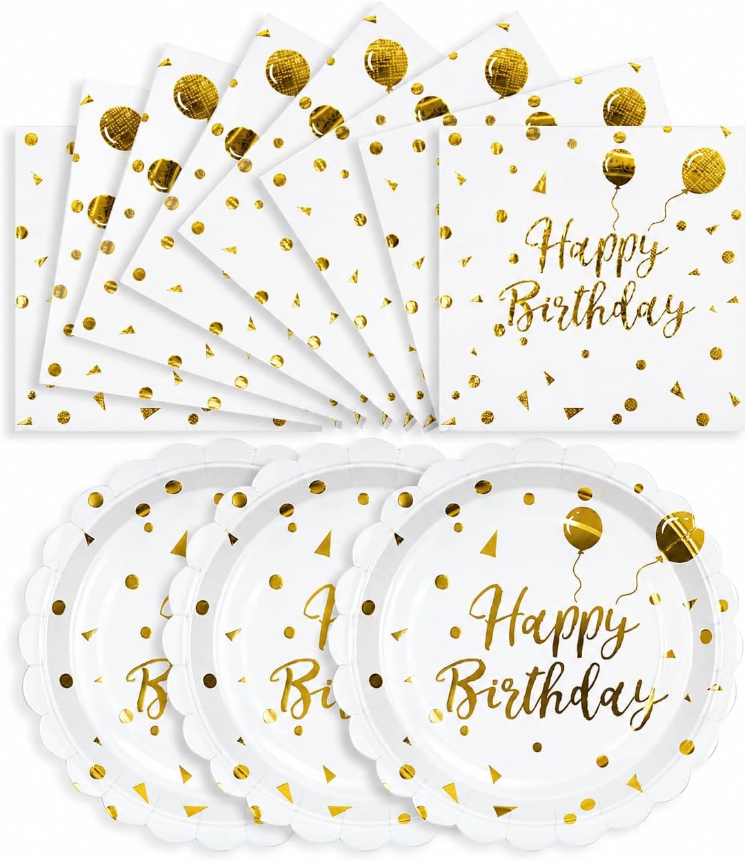 Happy Birthday Paper Plates and Napkins, White and Gold, 7 Inch, 50PCS