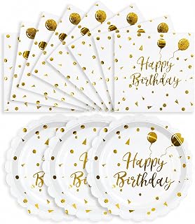 Happy Birthday Paper Plates and Napkins, White and Gold, 7 Inch, 50PCS | Scalloped, 6.5 Inch Napkins, Disposable Tableware Set, Serves 25