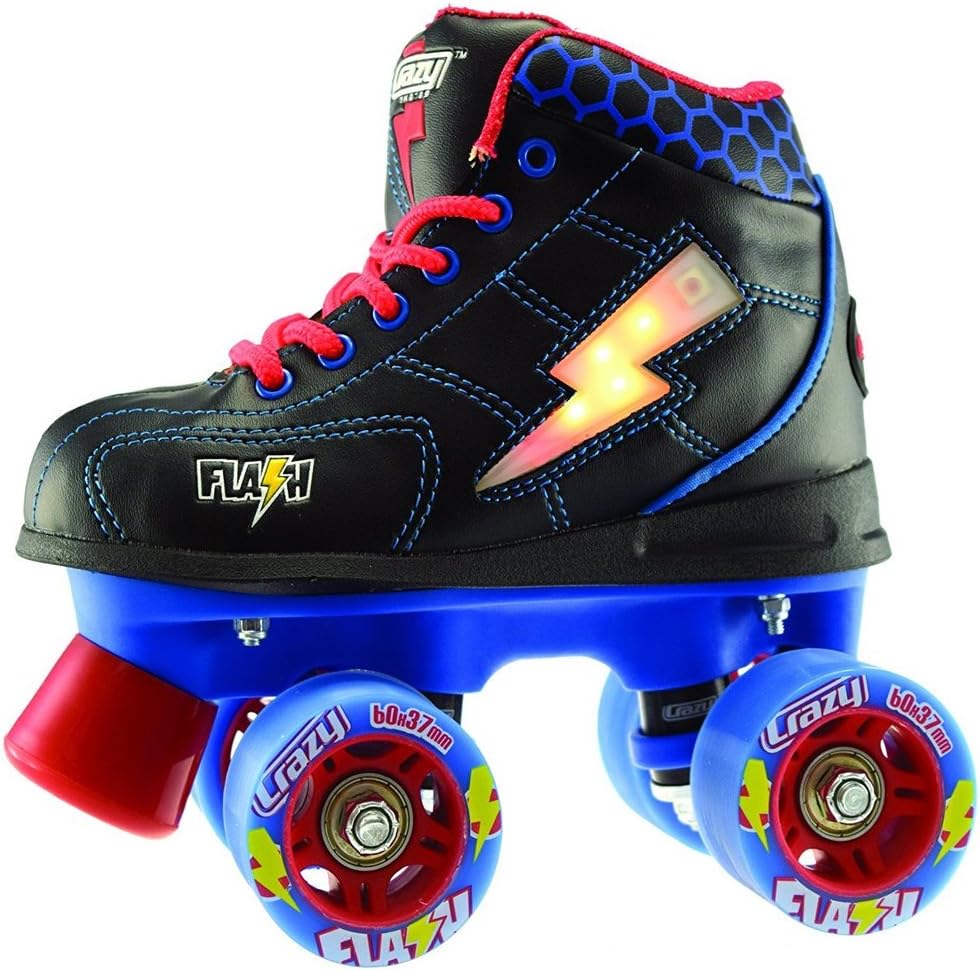 Crazy Skates Flash Roller Skates for Boys - Light Up Skates with Ultra Bright Lights and Flashing Lightning Bolt - Black Patines (Size 2)