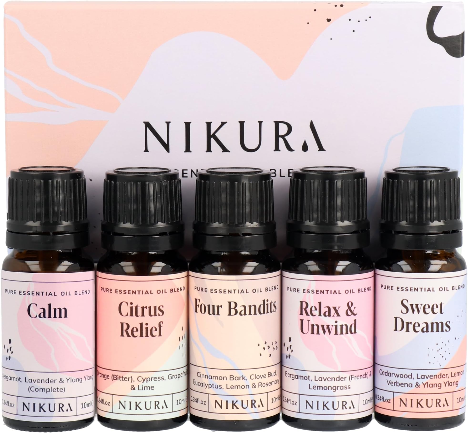 Nikura Essential Oils Blends Gift Set - 5 x 10 ml I Soothing Essential Oils for Diffusers for Home, Sleep, Candle and Soap Making | Relaxing Oil Set