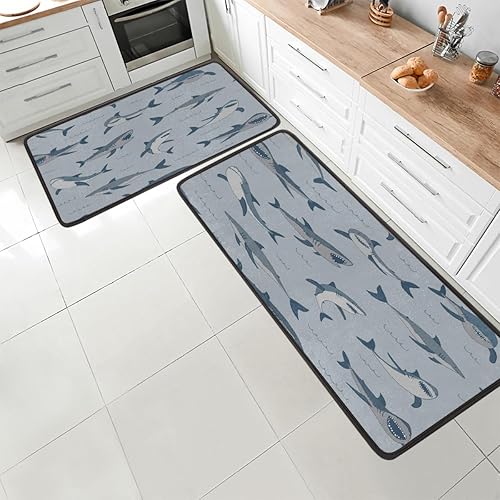 Tapete de cocina con diseño de animales marinos de tiburón 2 piezas y alfombras acolchadas antifatiga de 47 x 17 pulgadas29 x 17 pulgadas,