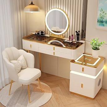 Dressing Table with Lighting and Chair Dressing Table with Three-Colour Smart Mirror Cosmetic Table with 5 Drawers Makeup Table for Modern Bedroom White + Gold 80 cm