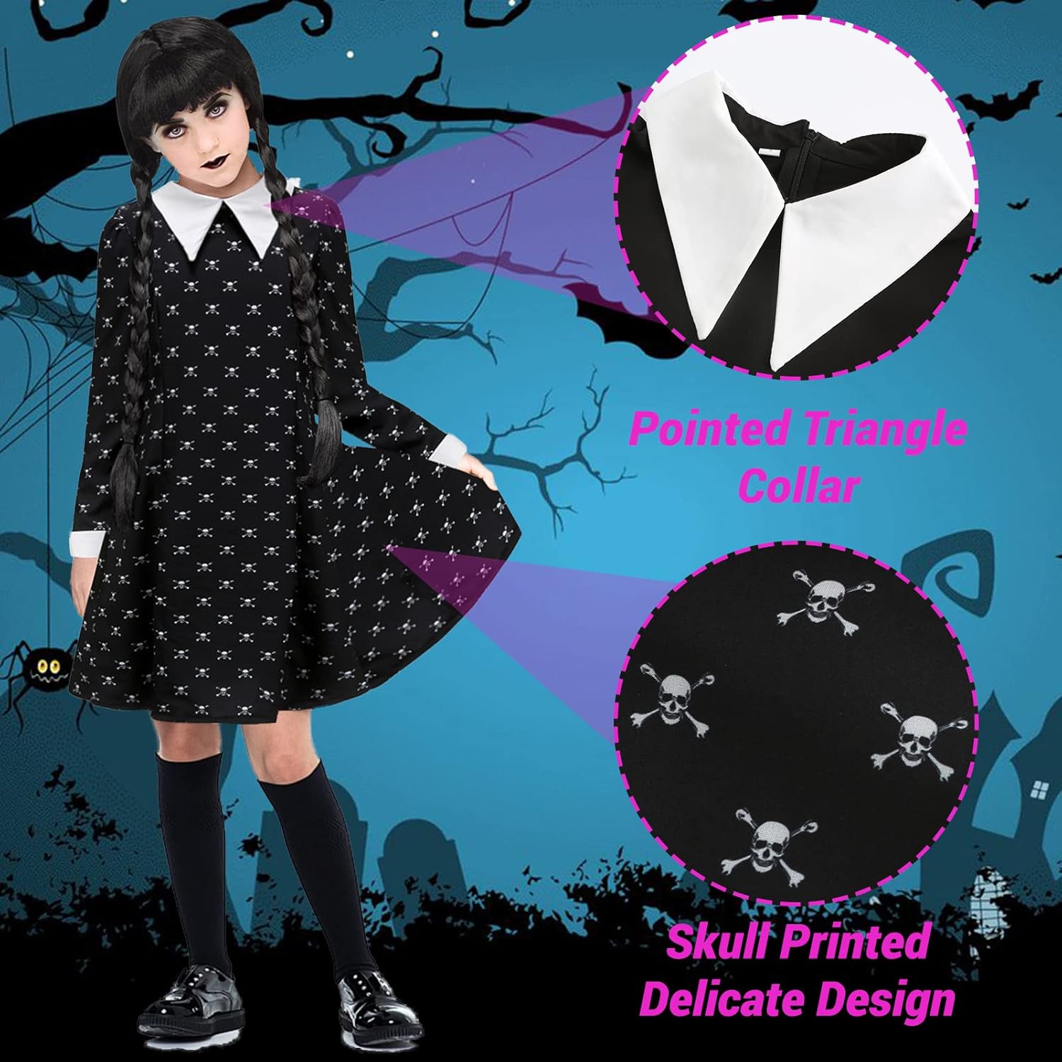 Miniatura 3 de ZIW Girls Wednesday Addams Dress Costume with Socks Printed Skull Kids Family Halloween Costumes Long Sleeve Cosplay Party