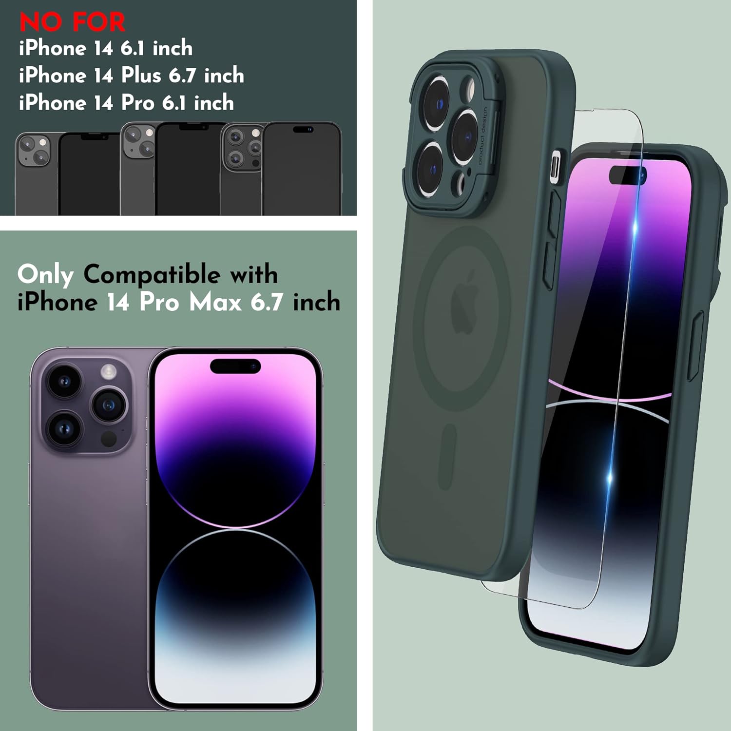 Magnetic for iPhone 14 Pro Max Case with Stand, Camera Kickstand with Screen Protector Compatible with Magsafe Shockproof Translucent Matte Cases 6.7-Inch (2022), Camera Green