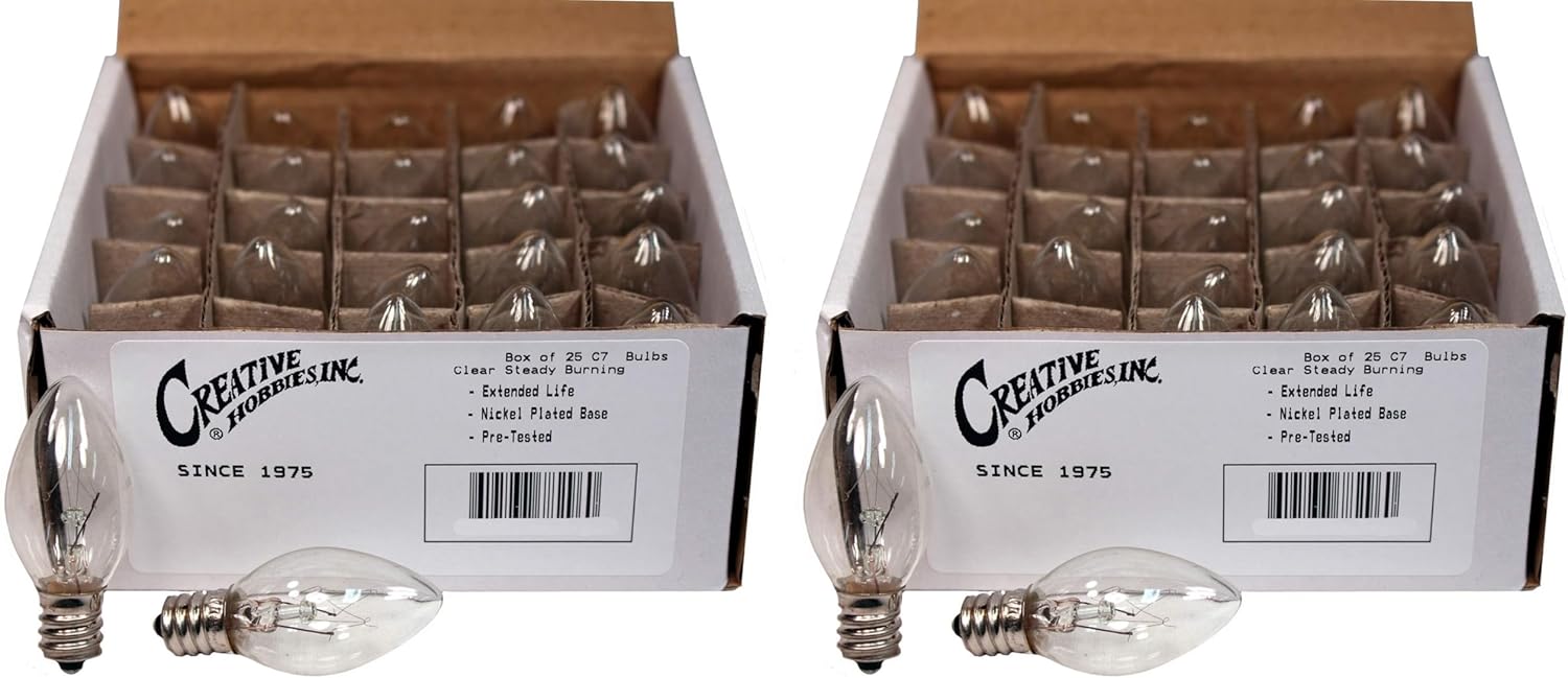 Creative Hobbies 25 Pack of 4W Night Light Bulbs, Incandescent C7, Clear, Steady Burning, 4 Watt, Candelabra Base E12 (Chandelier Size Base)