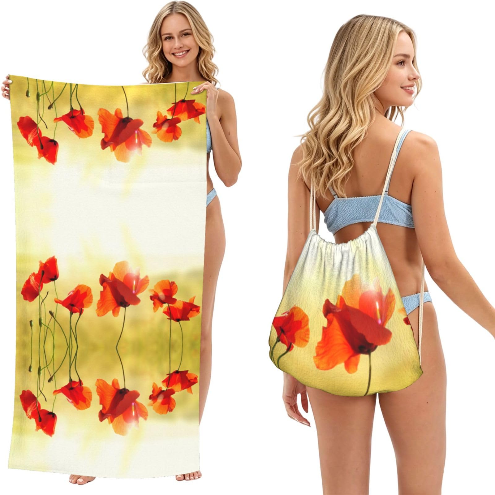 Serviette de piscine séchage rapide fleurie avec grand sac à cordon