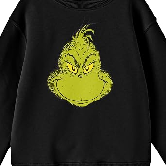 Bioworld The Grinch Smiling Grinch's Face Boy's Black Crew Neck Long Sleeve Sweatshirt