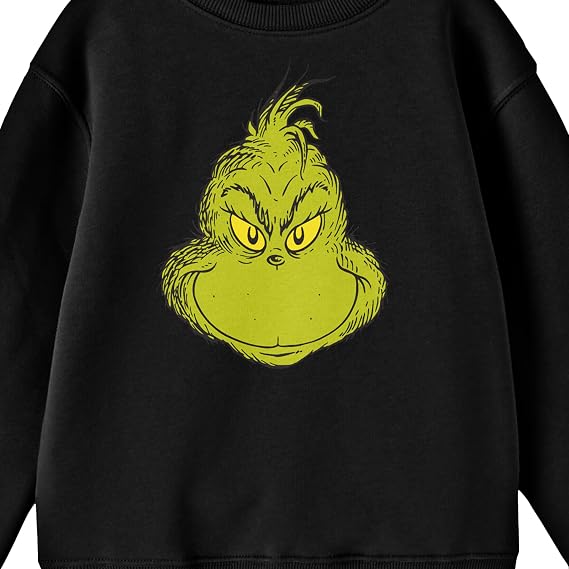 Bioworld The Grinch Smiling Grinch's Face Boy's Black Crew Neck Long Sleeve Sweatshirt