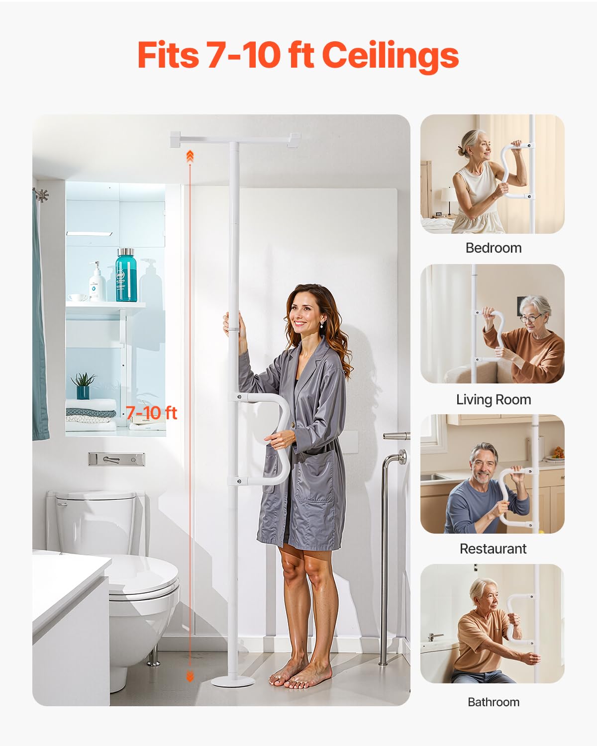 Image secondaire de Barre d'Appui VEVOR pour Salle de Bain - Poteau de Sécurité Réglable Blanc