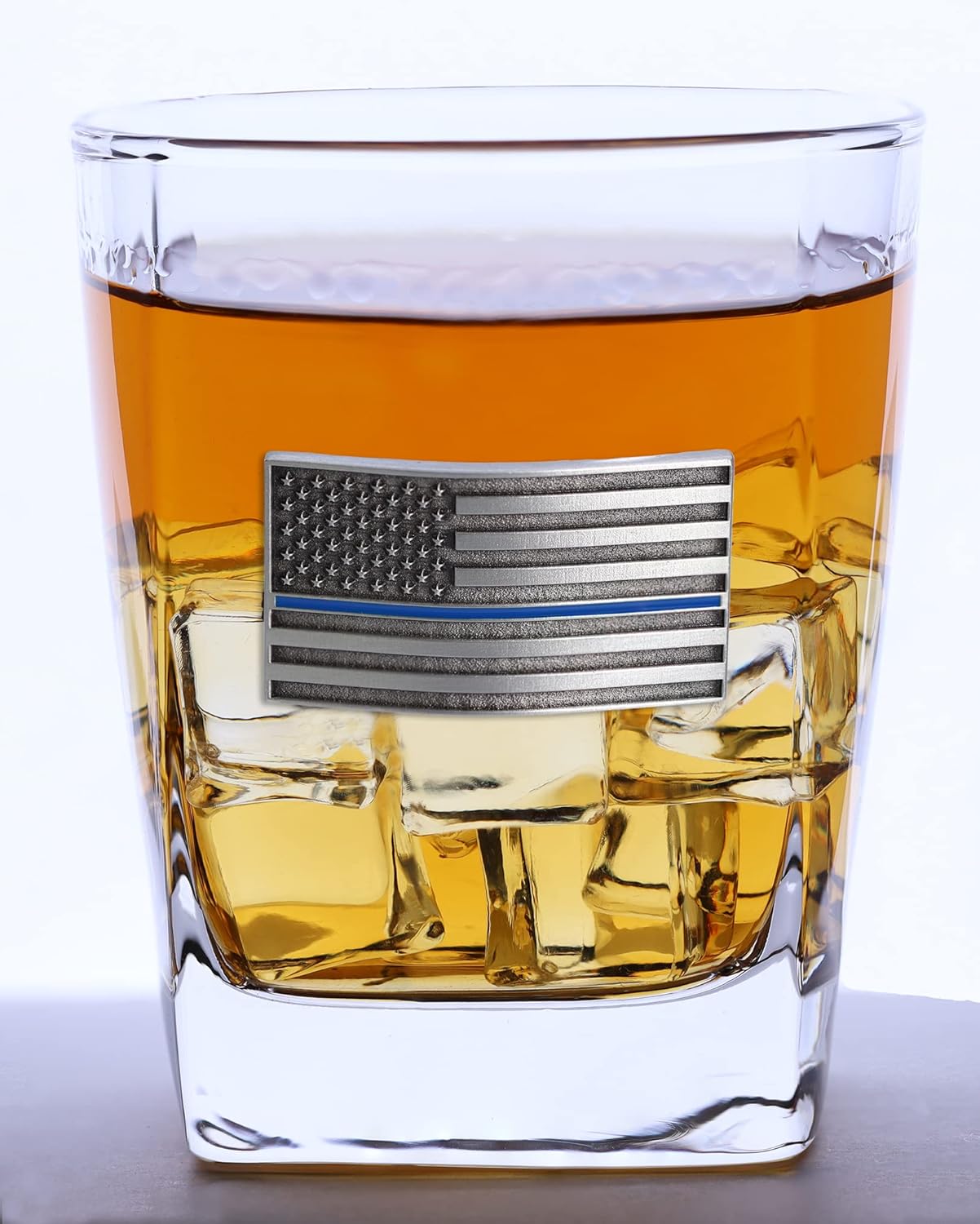 Indiana Metal Craft 13 Oz Double Old Fashion Glass with Thin Blue Line American Flag Pewter Emblem