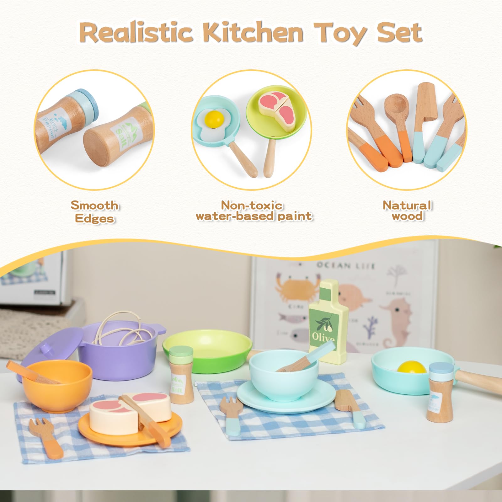 FMSKS 21 Pezzi Accessori Cucina Set in Legno, Giochi Cucina Bambini, Pentole e Padelle Giocattolo, Giocattolo Educativo Montessori, Stoviglie Giocattolo Legno, Regalo per Bambini di Tutte le Età