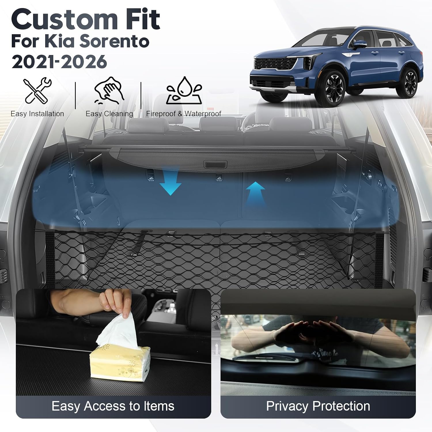 Cargo Cover for Kia Sorento 2021 2022 2023 2024 2025 2026 with Cargo Net, Retractable Rear Trunk Cover for Kia Accessories Security Shield Shade