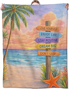 Tropical Beach Flannel Blanket, Soft Cozy Throw with Ocean Starfish, Positive Home Bedroom Office Decor and Gifts for Women Teens, Lightweight Blankets for All Seasons, 50x60 Inch