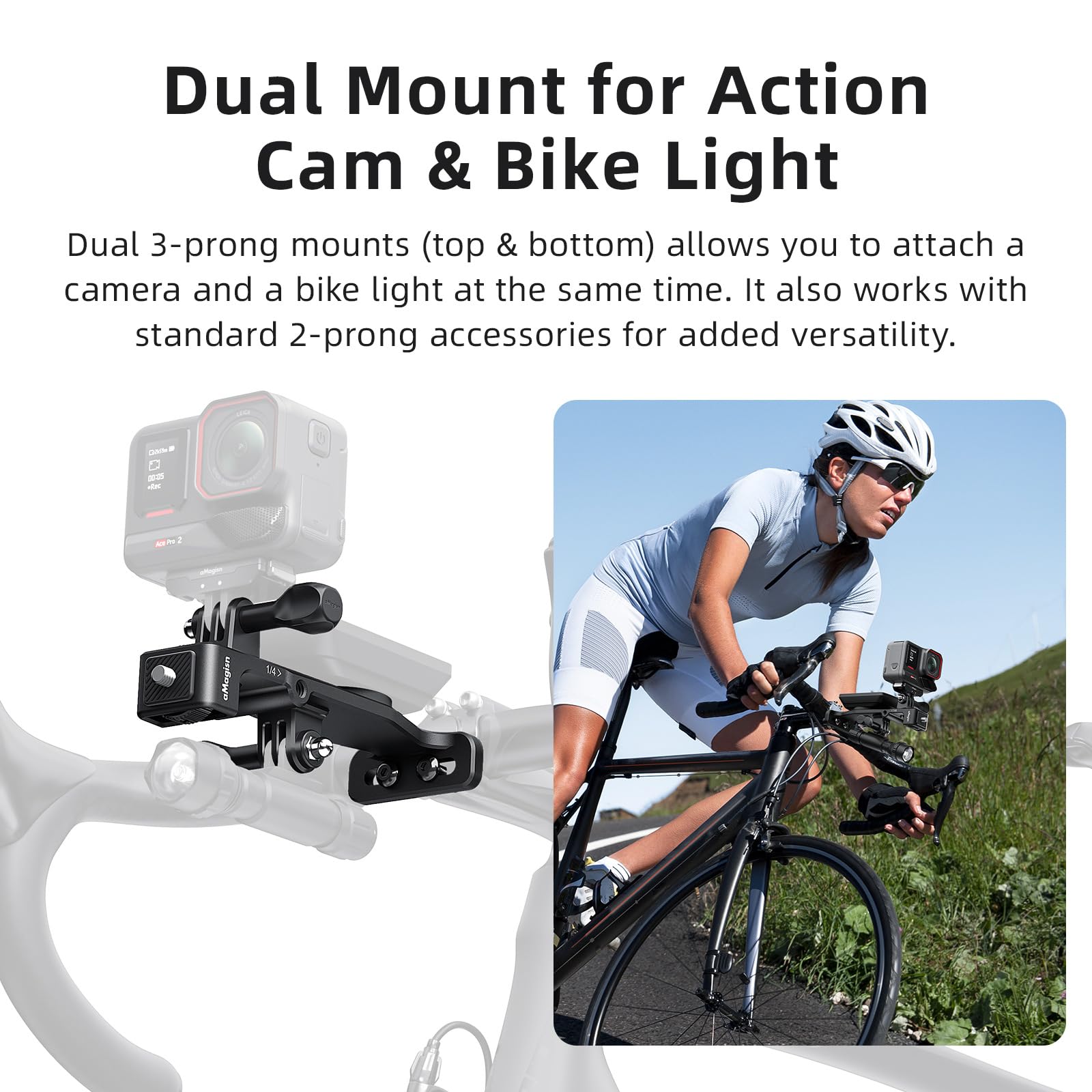 Supporto Ciclocomputer per Insta360 Go Ultra/DJI Osmo Action 6 Supporto Action cam Accessori per Insta360 X5 Air/DJI Osmo Nano/GoPro (Manubrio Integrato)