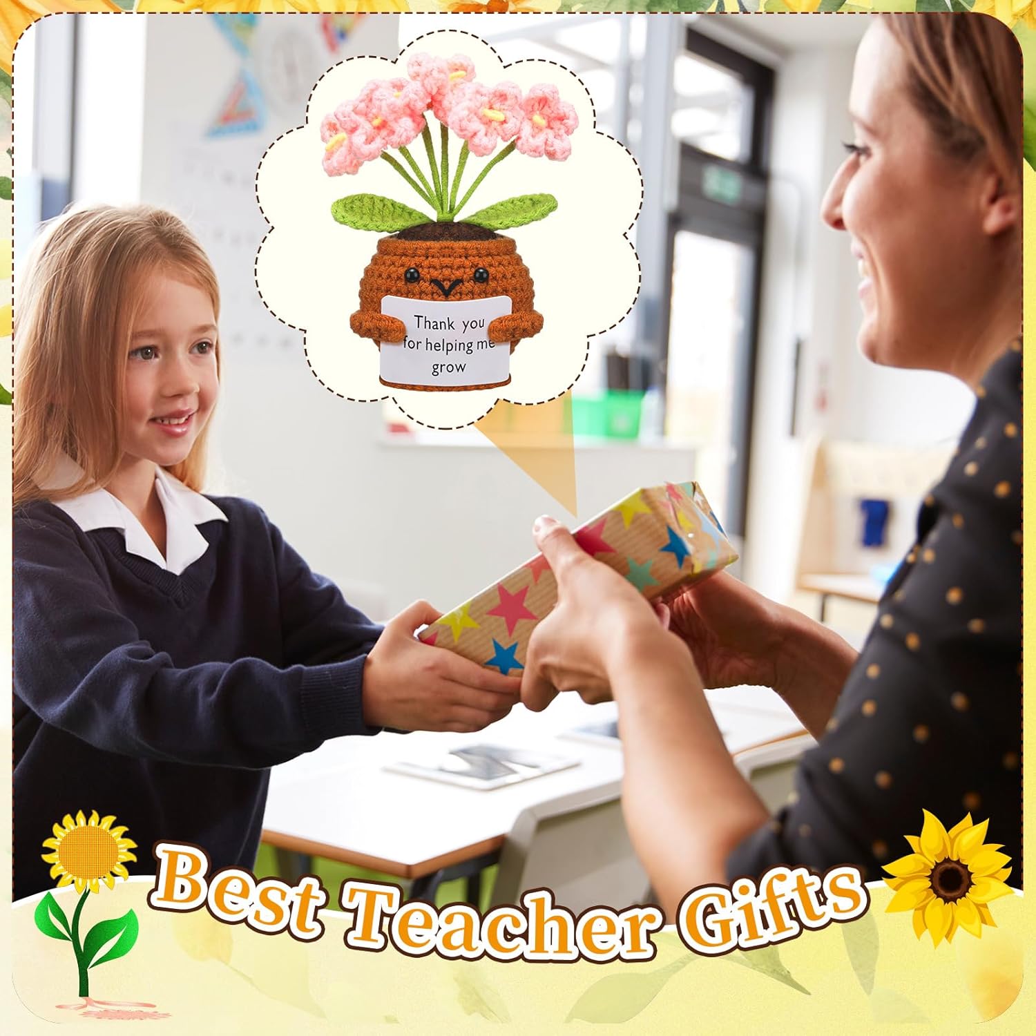 3 Pcs Teacher Appreciation Gifts Positive Flower Handmade Crochet Doll Thank You for Helping Me Grow Gift for Women Teacher Appreciation Week End Year(Flower) - Image 5