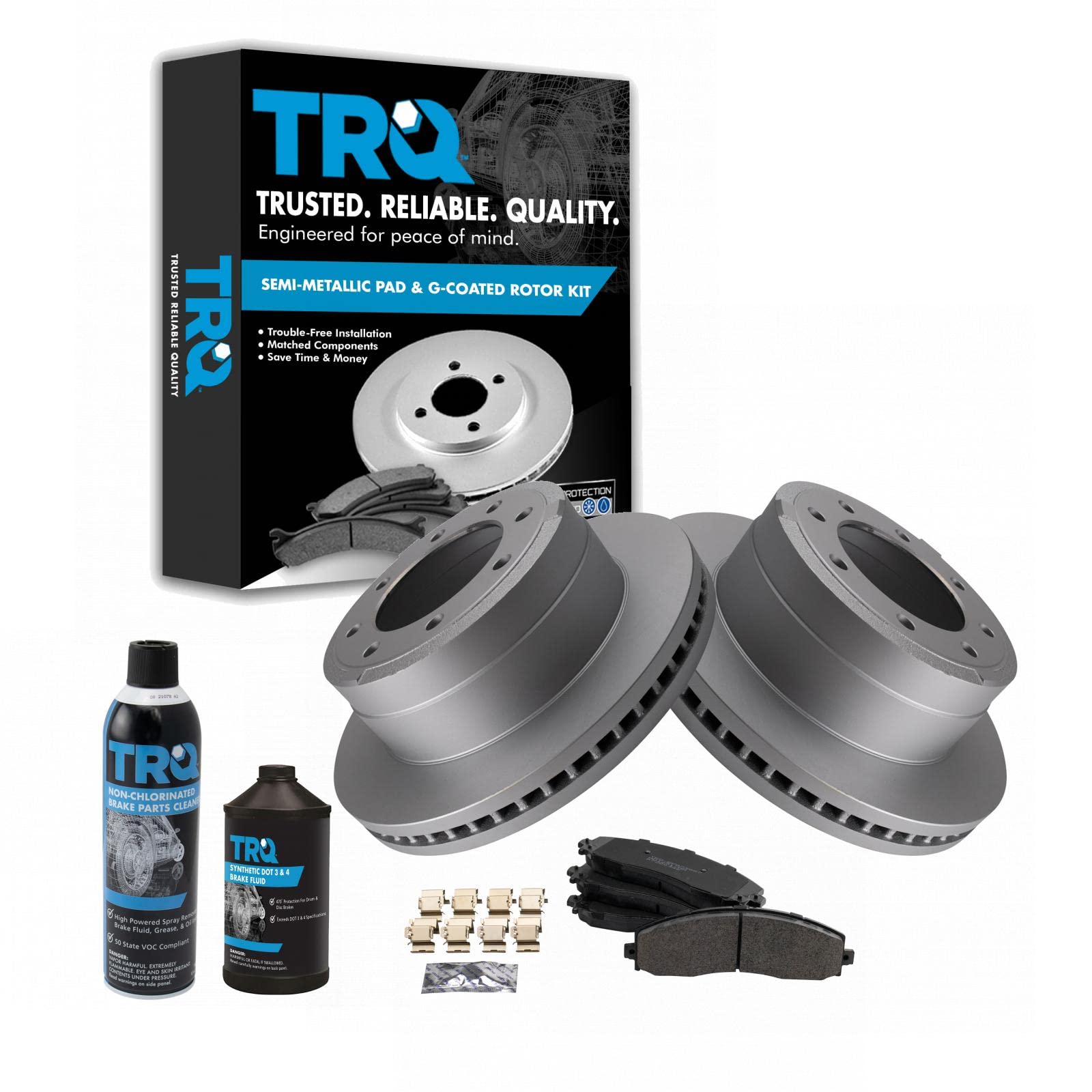 TRQ Rear Brake Pad &amp; Rotor Kit, with Chemical Kit Semi-Metallic Premium G-Coated Compatible with 2013-2019 Ford F-250 Super Duty F-350 Super Duty