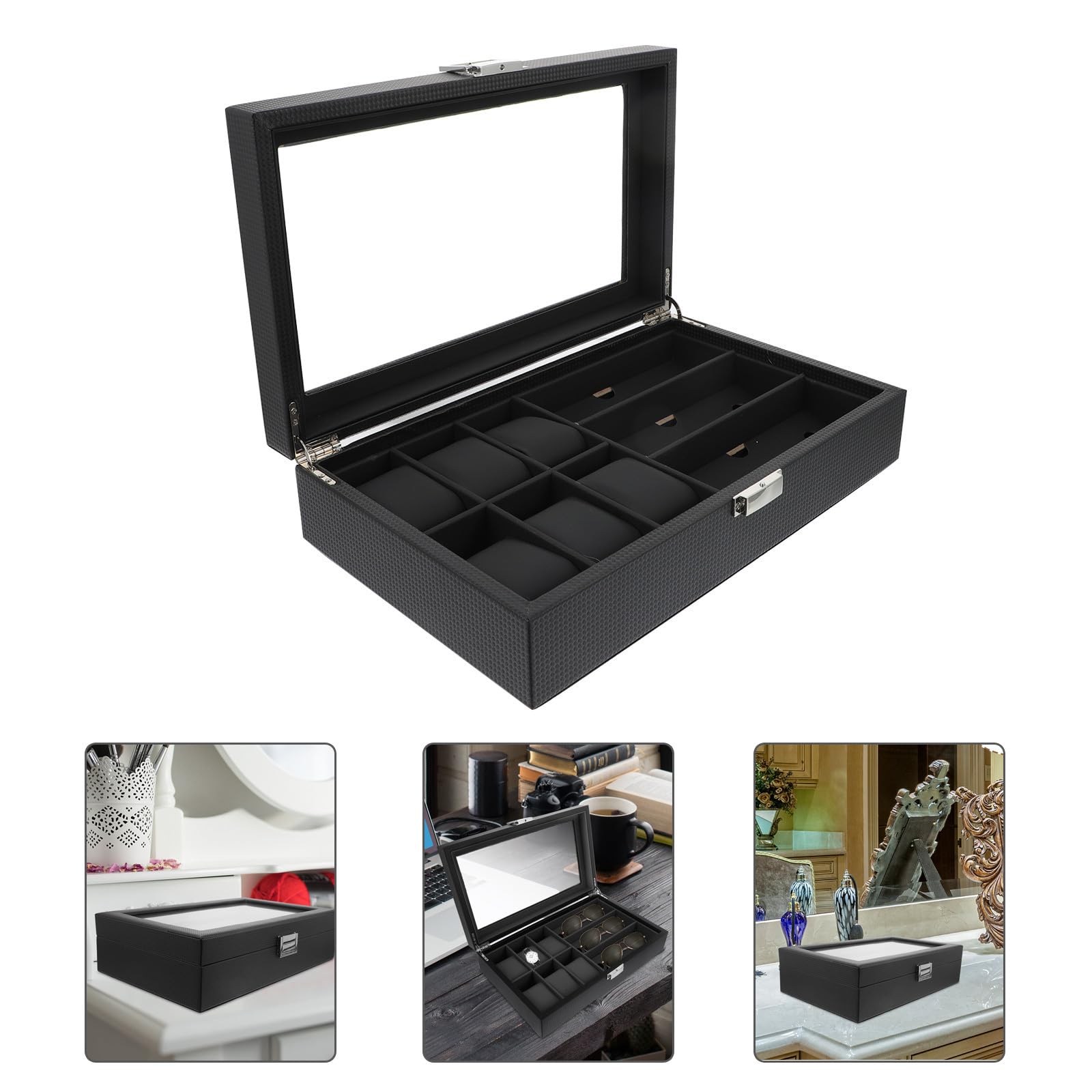 SOLUSTRE Scatola Porta Orologi Uomo Legno Nera Organizer Multi-slot