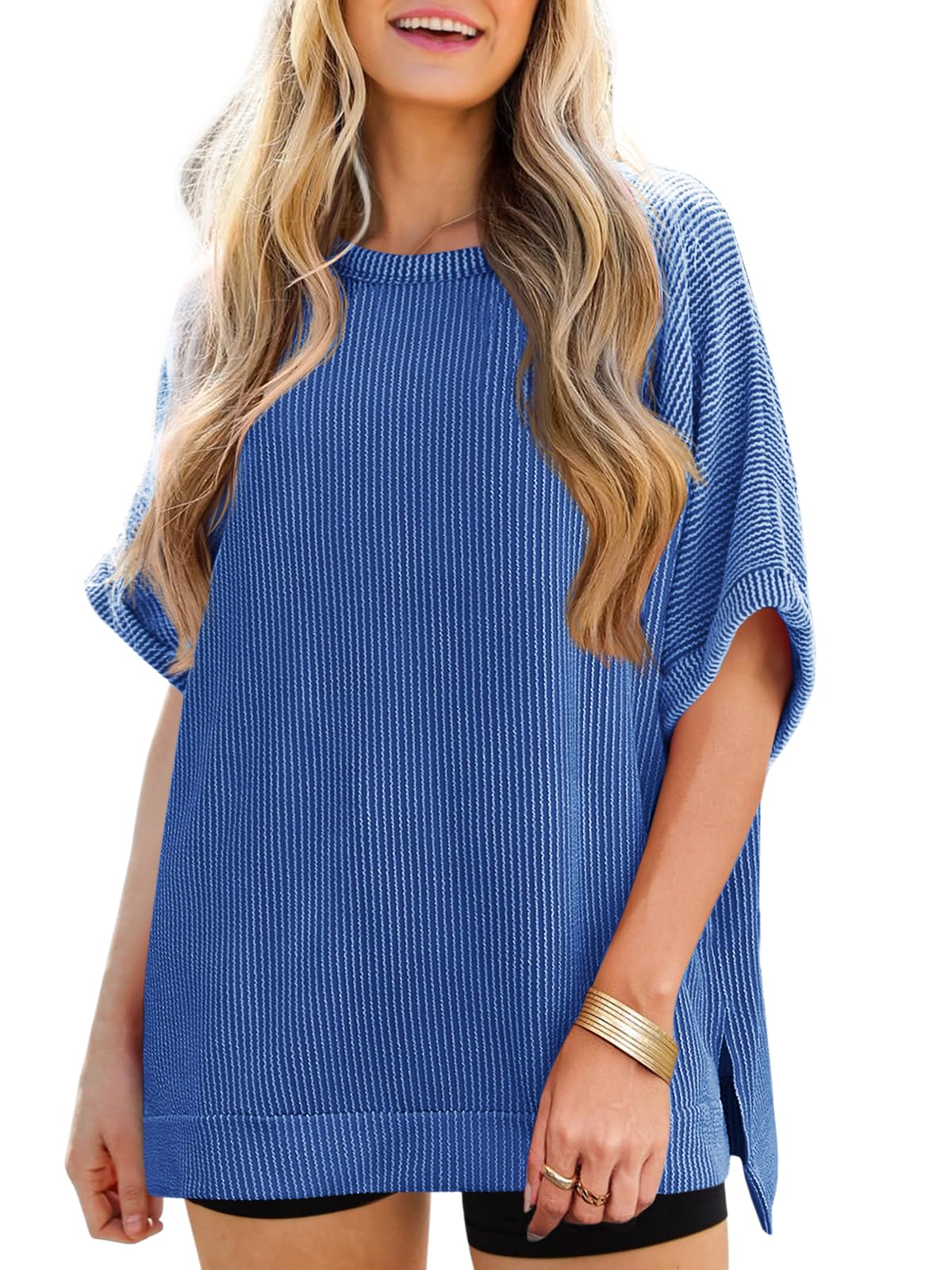 Tankaneo Womens Oversized T Shirts Summer Casual Ribbed Batwing Short Sleeve Tunic Tops Loose Fit Dolman Sleeve Tees