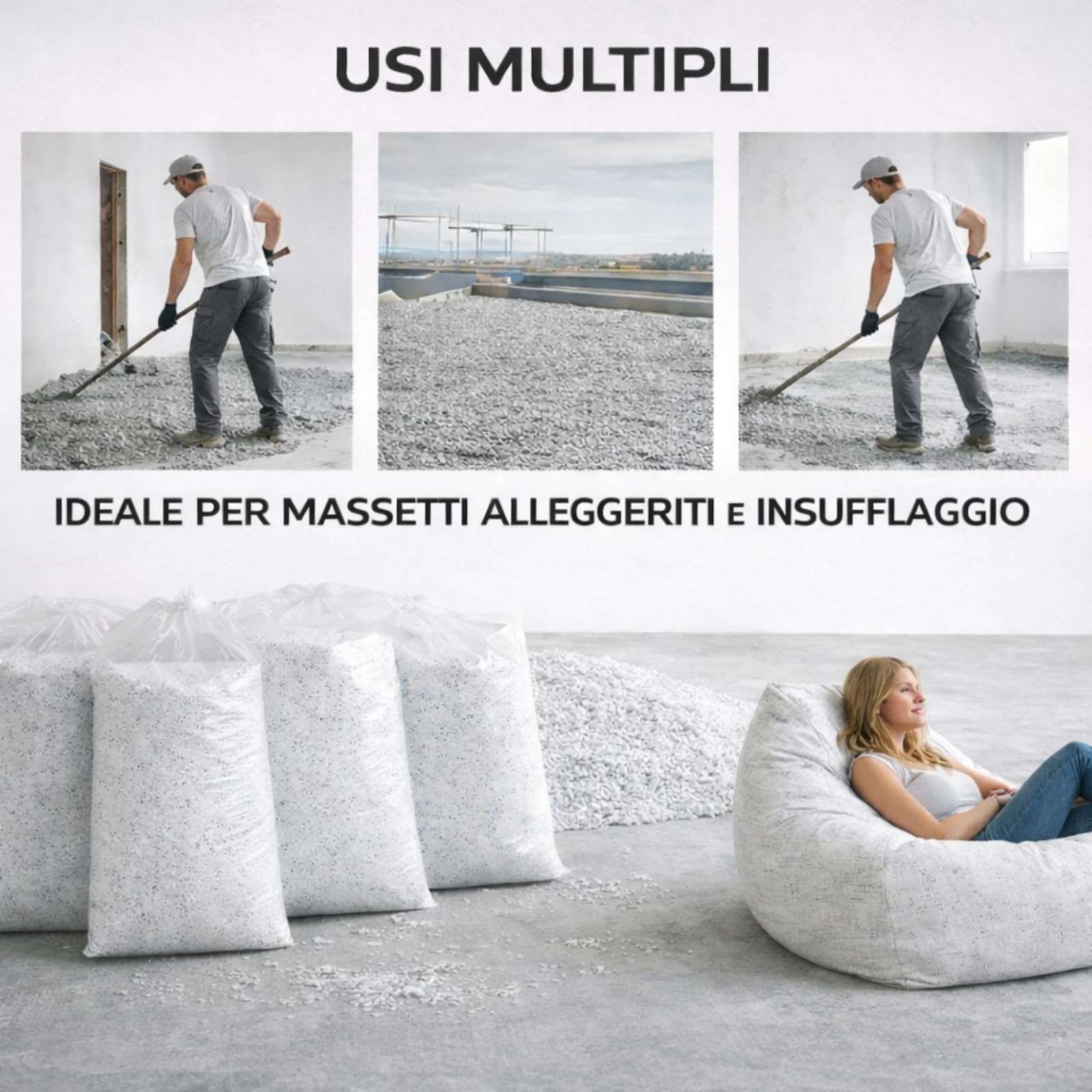 Perle di Polistirolo EPS 1000 Litri, Granuli Polistirene Espanso per Massetti Alleggeriti, Riempimento Pouf, Poltrone a Sacco e Cuscini, Palline per Imbottitura, Isolamento 2-8 mm