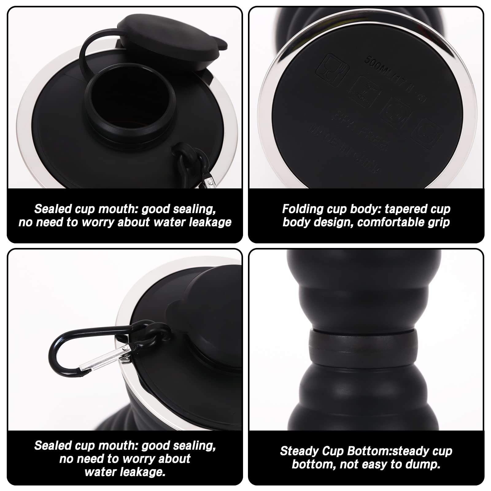 500ml Faltbare Silikon Wasserflasche - Auslaufsichere Sportflasche Mit Karabiner