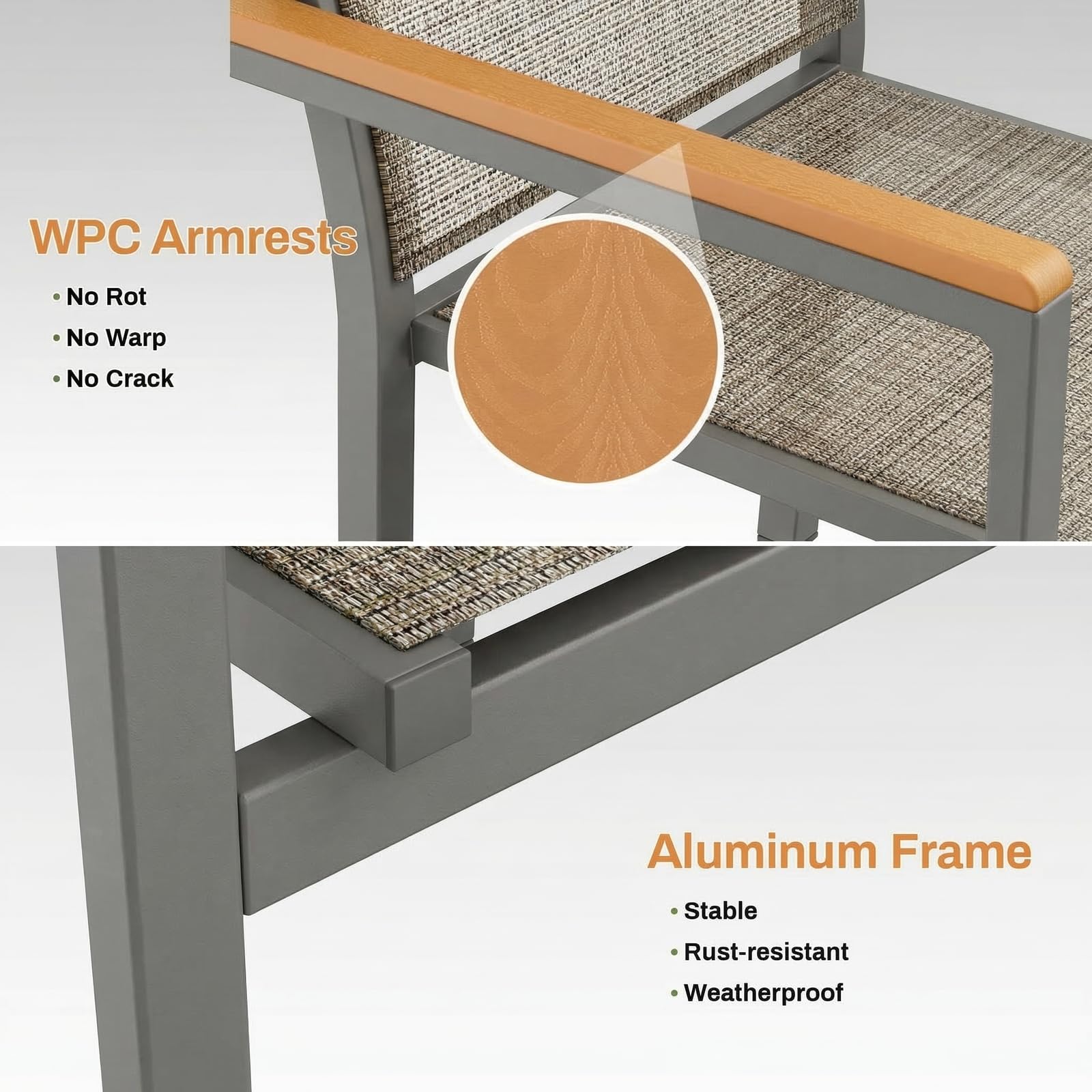 LIFERUN Krzesła ogrodowe, zestaw 2 sztuk, aluminium, możliwość układania w stos, tekstylne, poręcz WPC, krzesła balkonowe, na taras, balkon, taras, basen, do restauracji, odporne na warunki