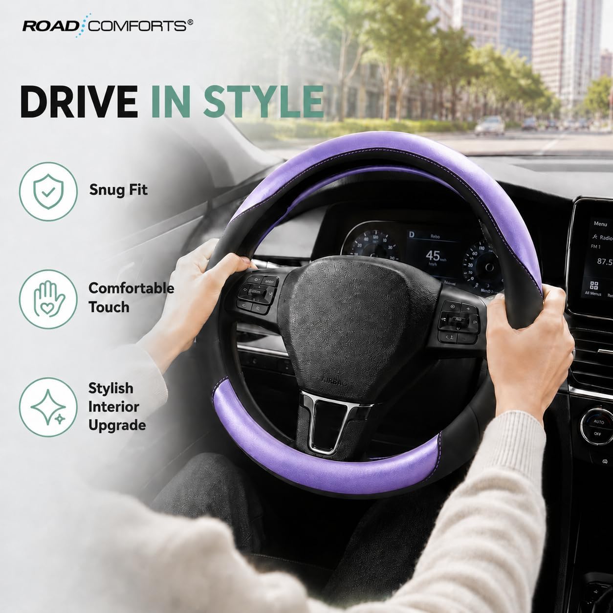 Road Comforts Steering Wheel Cover – Breathable Leather Steering Wheel Cover, Anti-Slip Grip, Universal Fit 14.5” to 15”, Heat & Cold Resistant for Cars, SUVs, and Trucks – Black & Shining Purple