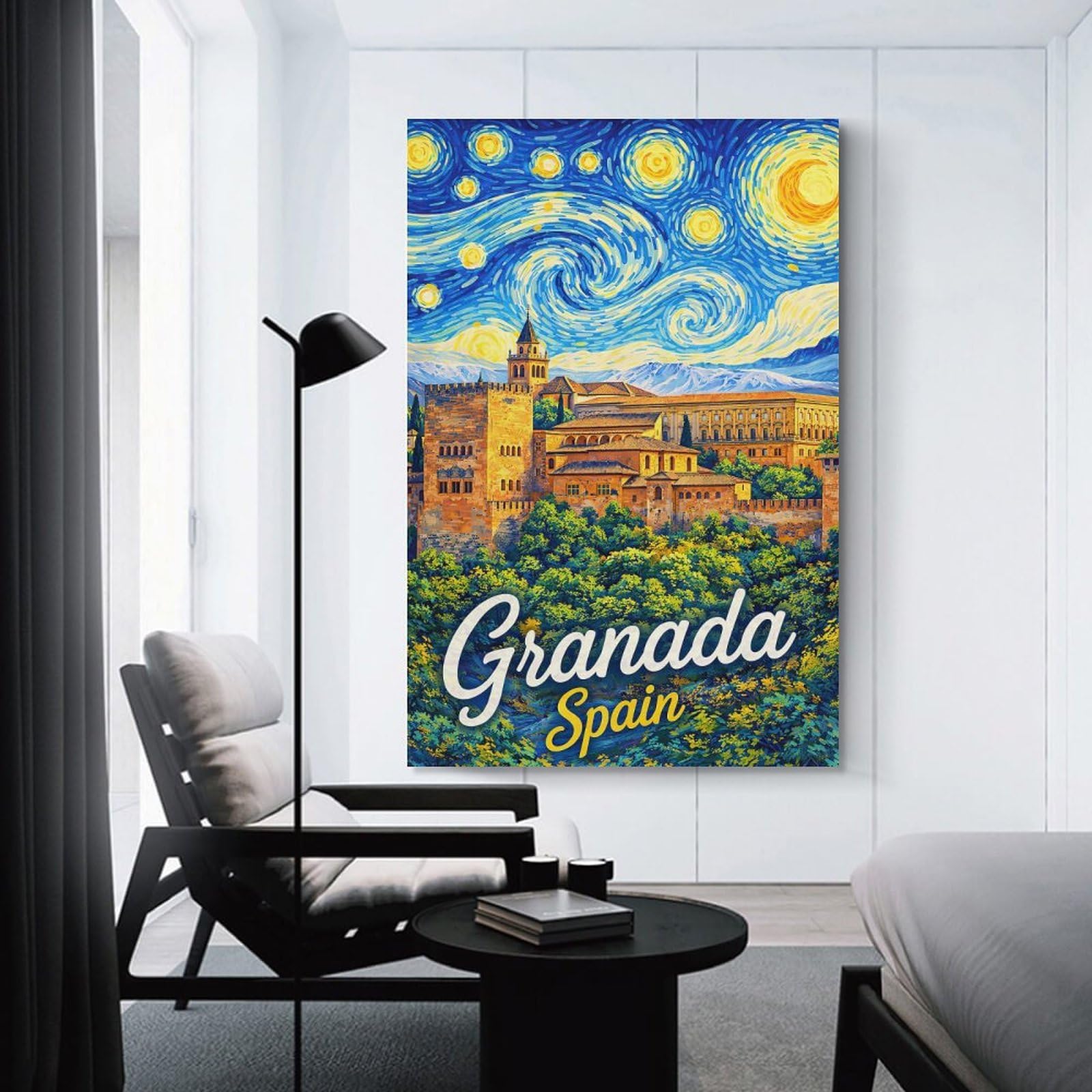 Junmoney Granada Spain Starry Night Painting Decorative Wall Artwork, 24x36inch(60x90cm), for New Homes, Bedrooms Or Workspaces, Gift Idea for Housewarming And Birthdays