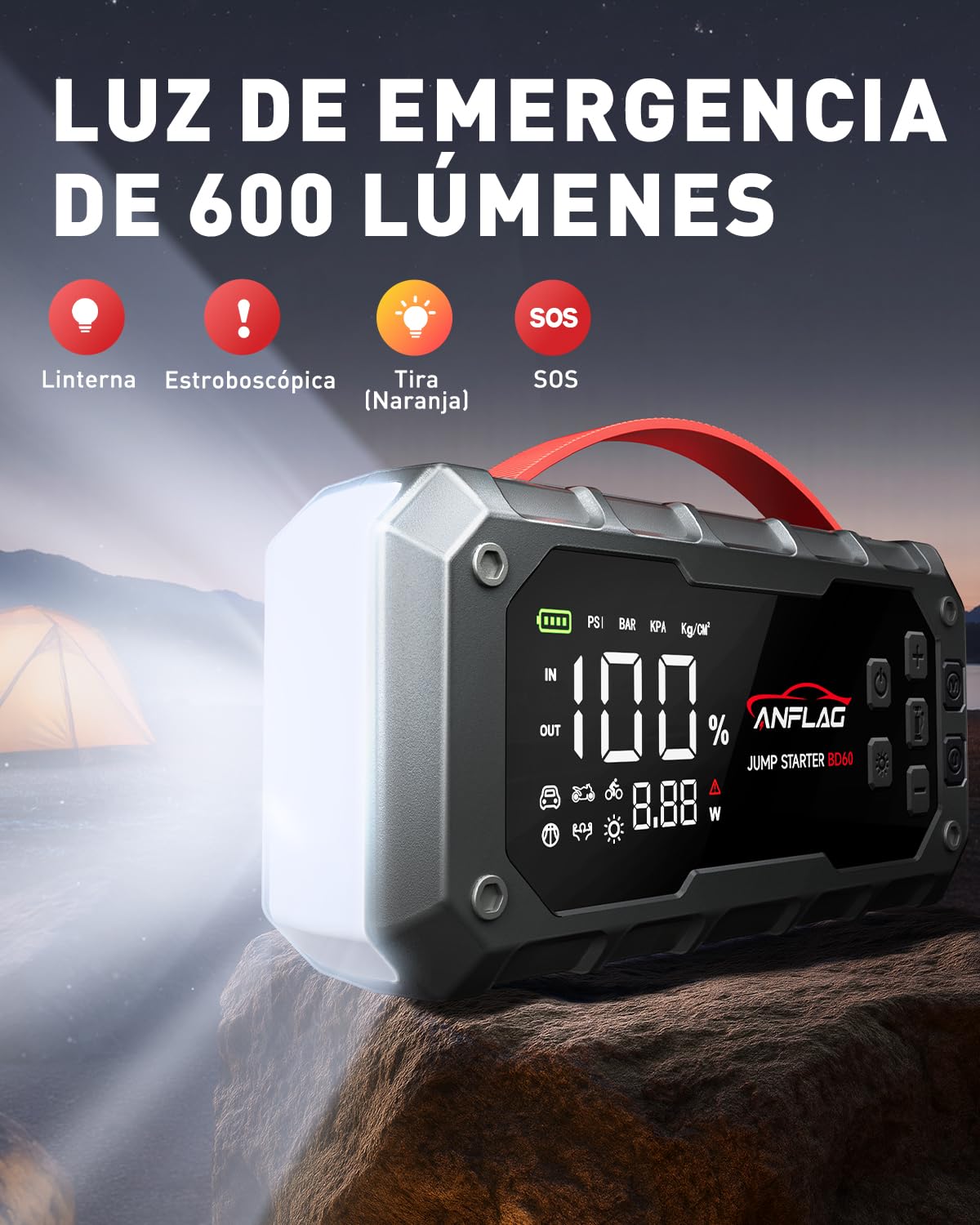 Arrancador de Baterias de Coche con Compresor de Air, ANFLAG 8000A 160PSI Arrancador(para All Gas/14L Diésel/Híbrido), 26800mAh 12V Jump Starter con Clips de Seguridad Inteligentes/Guantes/Luces