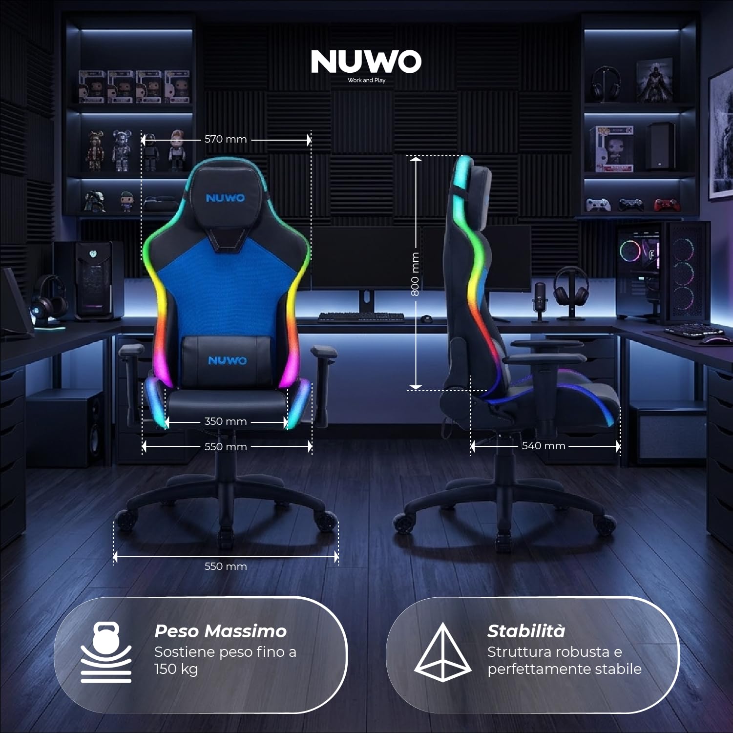 Nuwo Sedia Gaming LED RGB Ergonomica in Tessuto Traspirante | Reclinabile 180° | Struttura in Acciaio 150Kg | Braccioli 2D | Supporto Lombare e Cervicale | Sedia PC Gaming e Ufficio