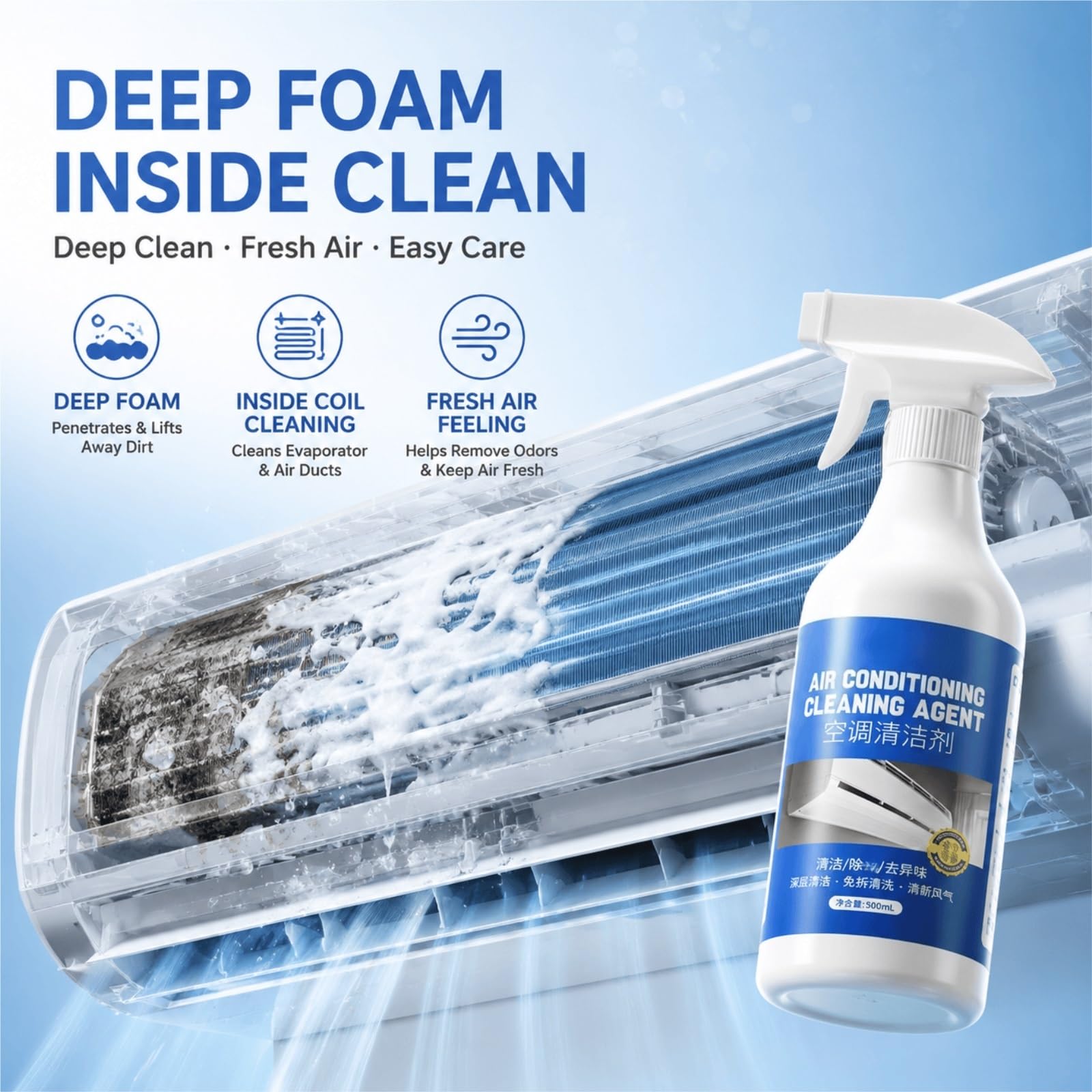 Limpiador for Aire Acondicionado En Spray, Espuma Profunda for Limpiar Las Bobinas, 500ml X 3, Fórmula Sin Enjuague, Aire Más Fresco, Descompone La Suciedad/El Polvo/La Grasa