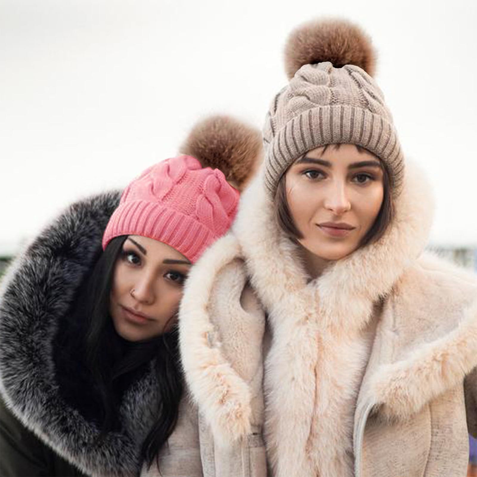 Women Winter Warm Beanie Hat Knitted Cap with Pompom Snow Knit Skull Ski Cap for Women Girls (Beige)