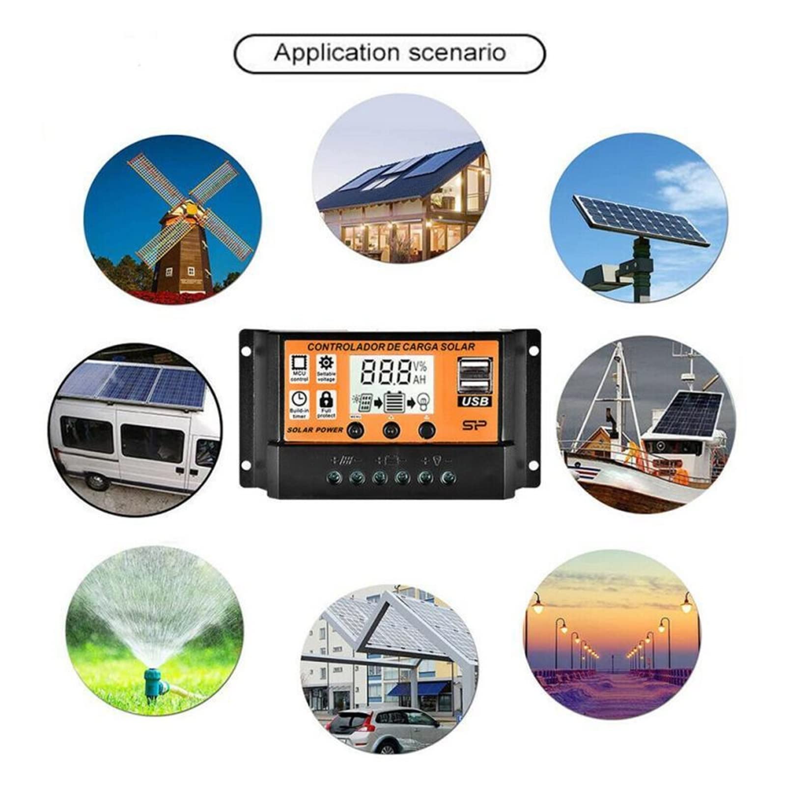 Regolatore di carica solare, 100A/50A/40A/30A/20A/10A 12V 24V Regolatore di Carica Solare Auto MPPT/PWM Regolatori LCD Dual USB Uscita Pannello PV(70A)