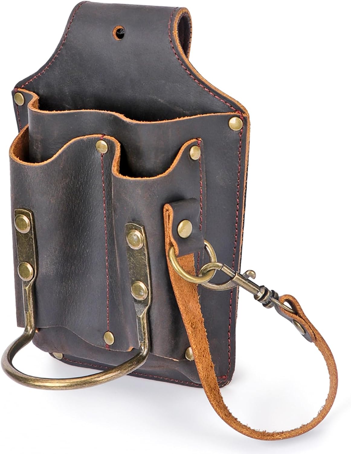 Tourbon Leather Tool Pouch Electrician Holster Tape Thong 2.7 Inch Tunnel Loop for Belt Multipurpose Maintenance 3 Pockets with Hammer Holder