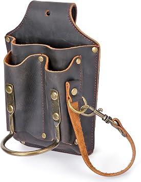 Tourbon Leather Tool Pouch Electrician Holster Tape Thong 2.7 Inch Tunnel Loop for Belt Multipurpose Maintenance 3 Pockets with Hammer Holder