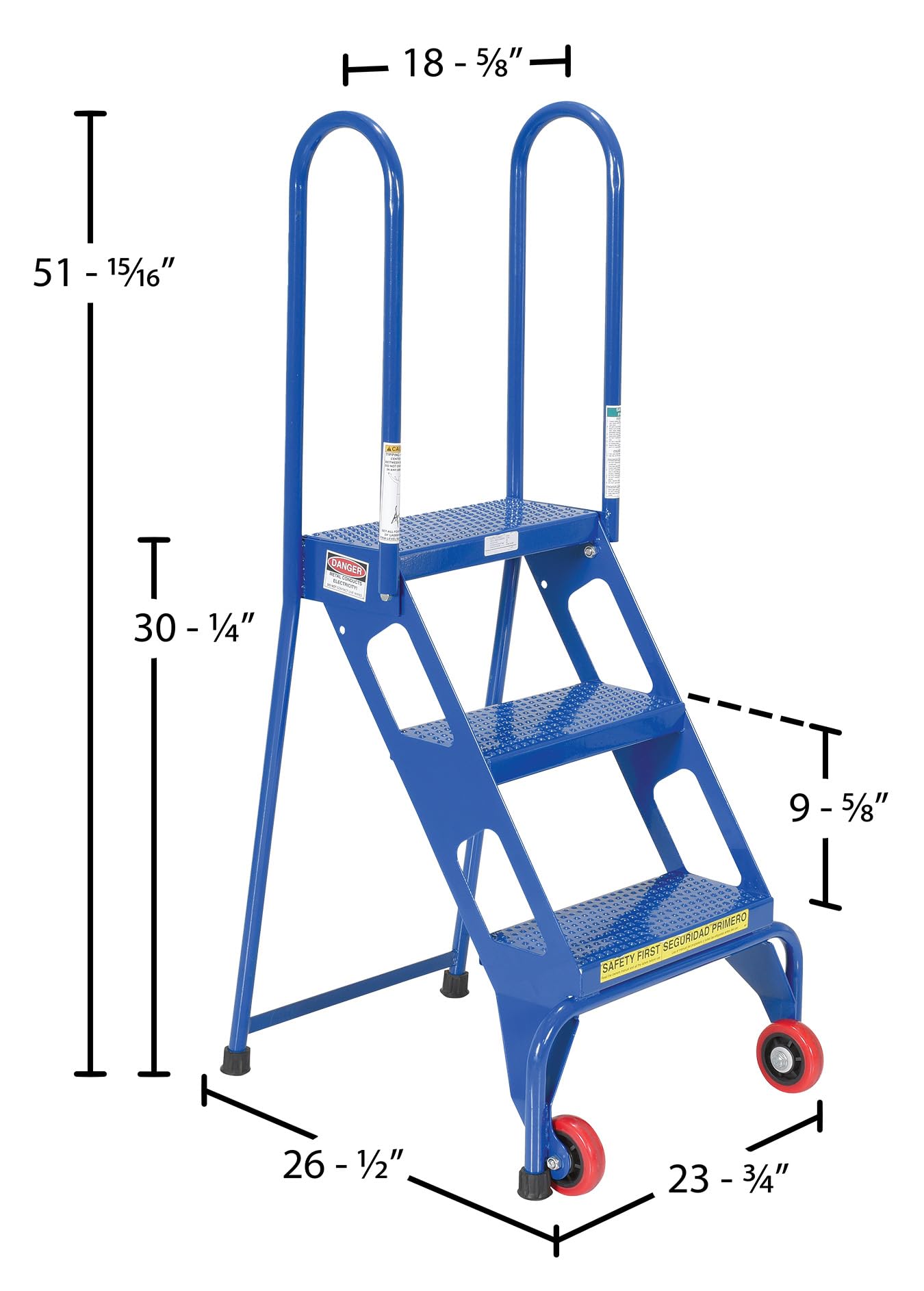Vestil FLAD-3 Steel Folding Ladder with Wheels 3 Step 350 Lb